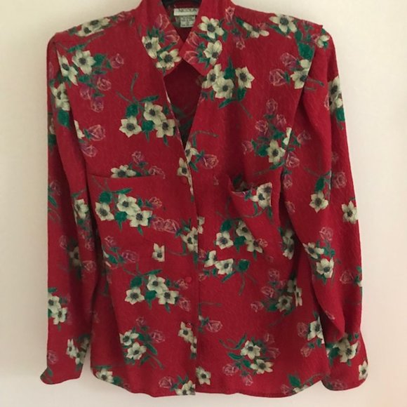 Vintage Nicola Flowered Print Blouse on Red Background, Size 10 - Picture 1 of 5
